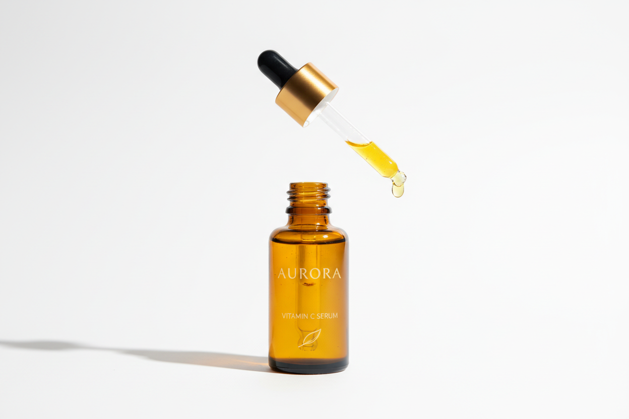 Vitamin C facial serum in a glass dropper bottle for daily skincare, formulated to brighten dull skin, hydrate deeply, improve uneven tone, reduce the look of dark spots and fine lines, and leave the face smooth, plump, radiant, and refreshed after use.!!